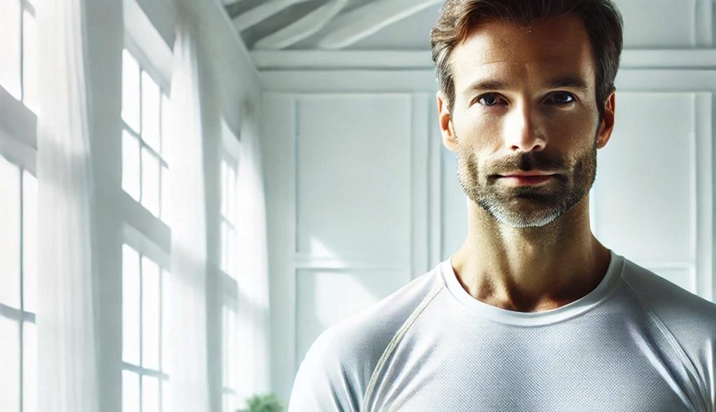 Confident, healthy man symbolizing vitality, energy, and longevity from NAD+ therapy.